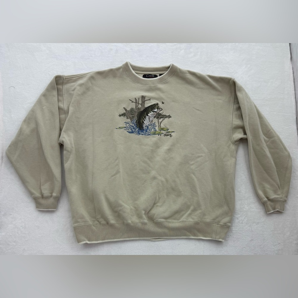 Vintage Croft & Barrow Mens XXL Pullover Sweater Cotton Beige Embroidered Fish